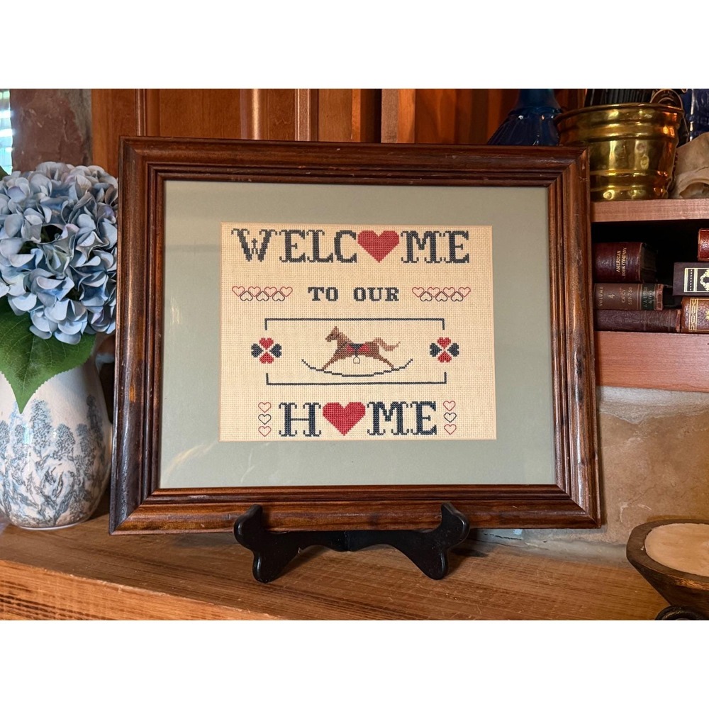 Vintage Framed Cross Stitch Welcome To Our Home Rocking Horse Country Folk Art